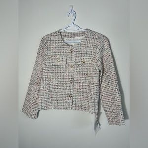 CHANEL style Pink Tweed Collarless Bouclé Jacket with Gold Buttons
